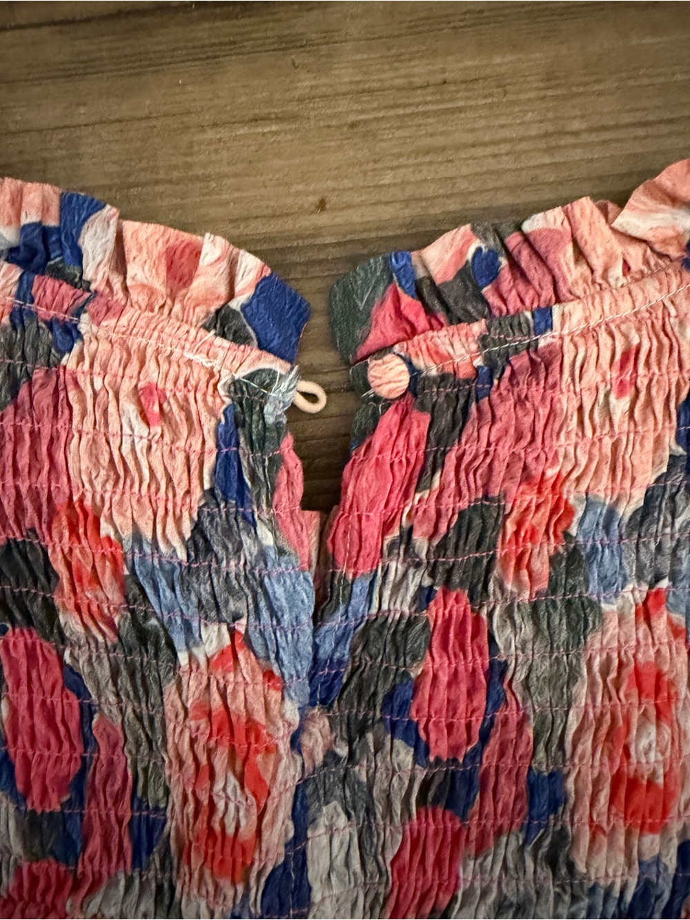 Smocked Floral Short Sleeve Blouse - Pink & Blue - Picture 7 of 8